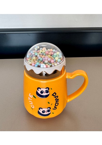 panda-kuş Figürlü Seramik Kupa Sarı-boncuk kapalı mug