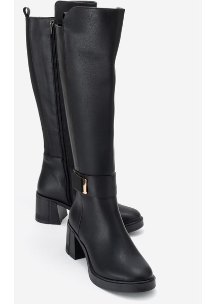 Moreni Siyah Cilt Streç Detaylı Tokalı Kadın Kalın Topuklu Çizme