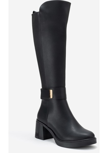 Moreni Siyah Cilt Streç Detaylı Tokalı Kadın Kalın Topuklu Çizme fiyatları