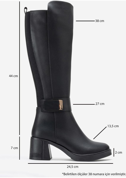 Moreni Siyah Cilt Streç Detaylı Tokalı Kadın Kalın Topuklu Çizme