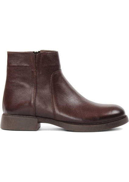 Kadın Kahverengi Fermuarlı Kalın Topuklu Deri Bot