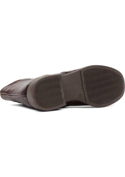 Kadın Kahverengi Fermuarlı Kalın Topuklu Deri Bot