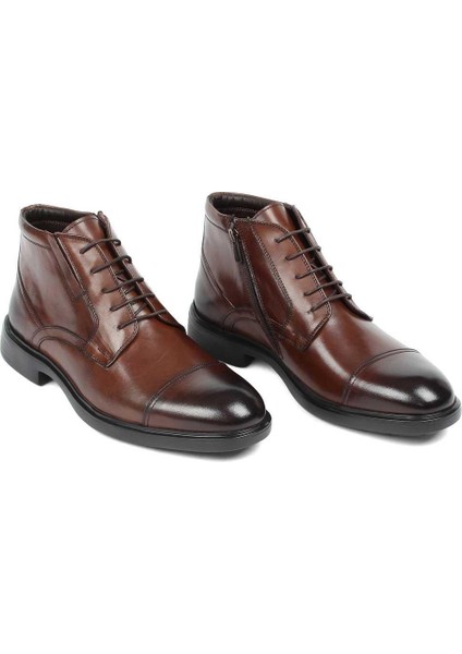 Erkek Kahverengi Bağcıklı Fermuarlı Deri Bot