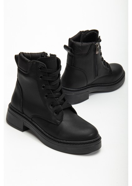 Kadın Siyah Cilt Kalın Termo Taban Bağcıklı ve Fermuarlı Bot