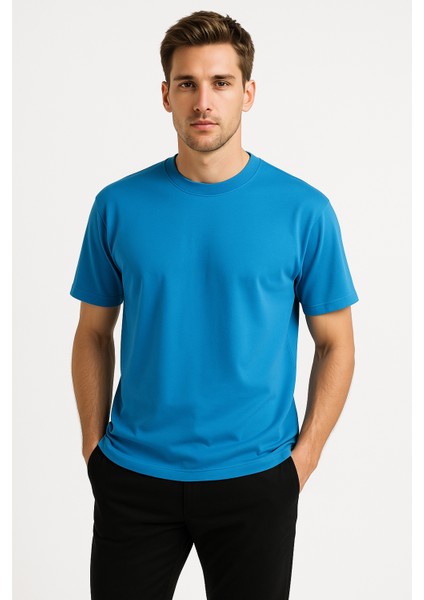 100% Pamuk Basic Fit Bisiklet Yaka Mavi Erkek T-Shirt - Alpha