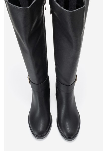 Moreni Siyah Cilt Streç Detaylı Tokalı Kadın Kalın Topuklu Çizme modelleri