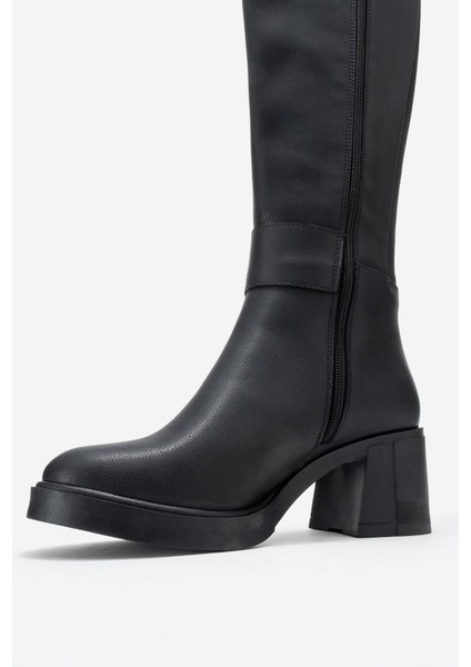Moreni Siyah Cilt Streç Detaylı Tokalı Kadın Kalın Topuklu Çizme