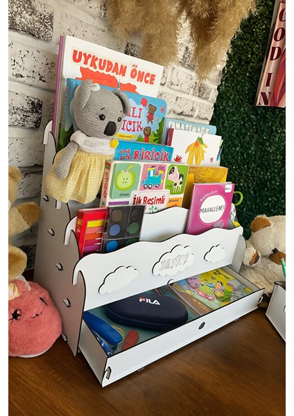 Cute Cloudy Montessori Çekmeceli ve Kalemlikli Eğlenceli Çocuk Kitaplığı 4 Raflı Ahşap Masaüstü Kitaplık