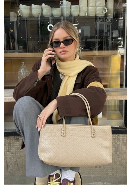 Kadın Loven Uzun Tote Çanta Bej Örgülü