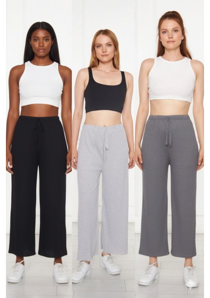 3'lü Siyah - Gri - Füme Kadın Fitilli Pantolon & Eşofman