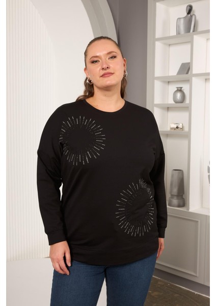Taş ve Nakışlı Büyük Beden Sweatshirt Siyah