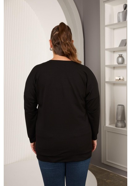 Taş ve Nakışlı Büyük Beden Sweatshirt Siyah fırsatları