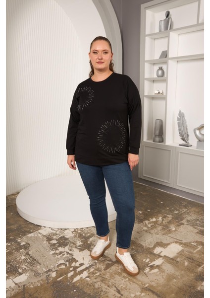Taş ve Nakışlı Büyük Beden Sweatshirt Siyah indirimleri