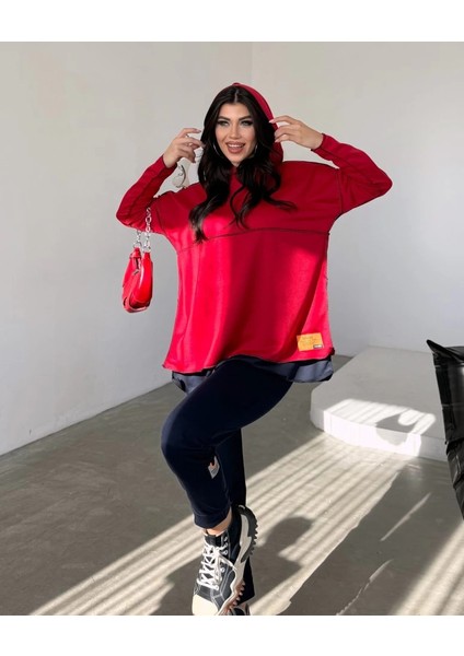 Mdb Kadın Kırmızı Kapşonlu Etek Ucu Detay Arma Ters Dikiş Gorunumlu Ikili Takım