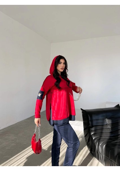 Mdb Kadın Kırmızı Kapşonlu Etek Ucu Detay Arma Ters Dikiş Gorunumlu Ikili Takım fırsatları