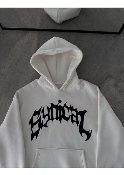 Mdb Üç Iplik Kapşonlu Baskılı Oversize Weathirt Beyaz