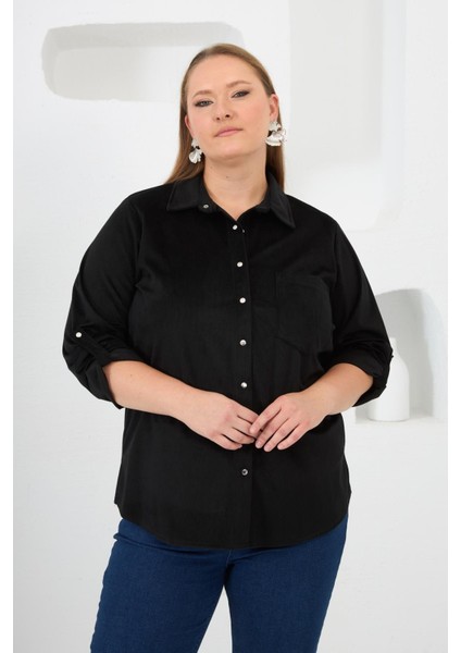 Kadife Büyük Beden Kol Çıtçıtlı Gömlek Siyah