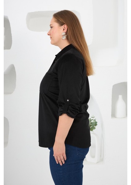 Kadife Büyük Beden Kol Çıtçıtlı Gömlek Siyah modelleri