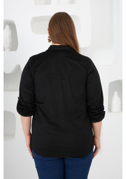 Kadife Büyük Beden Kol Çıtçıtlı Gömlek Siyah fırsatları