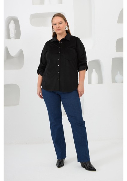 Kadife Büyük Beden Kol Çıtçıtlı Gömlek Siyah indirimleri