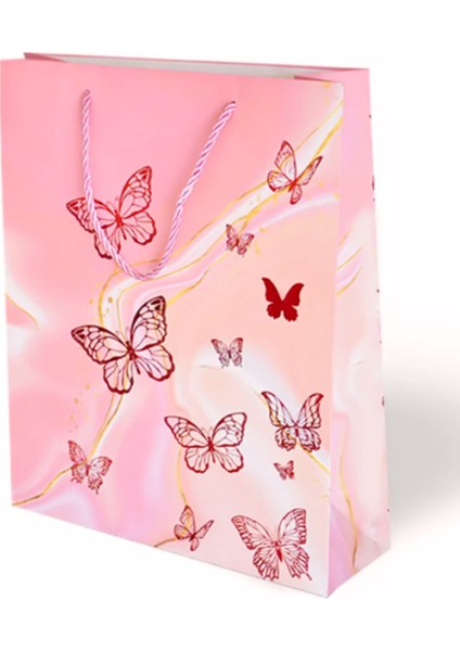 Hediyelik Karton Çanta Kelebek Temalı Varak Baskılı Saplı Kraft Çanta Pembe 10 Adet