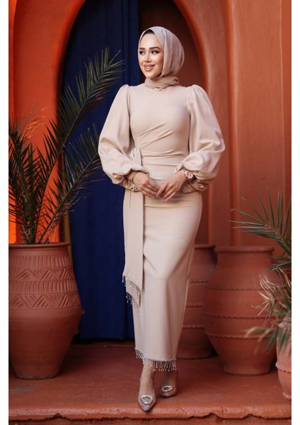 Balon Kol Bej Tesettür Abiye Elbise 62251BEJ
