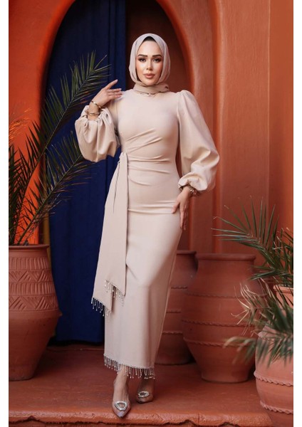 Balon Kol Bej Tesettür Abiye Elbise 62251BEJ fiyatları