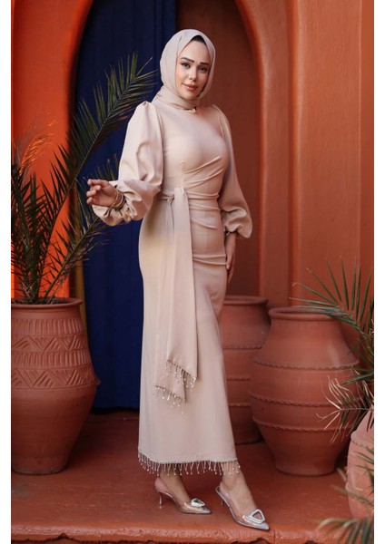 Balon Kol Bej Tesettür Abiye Elbise 62251BEJ modelleri