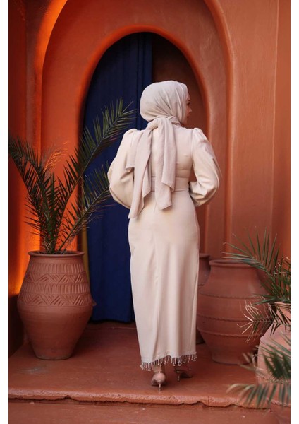 Balon Kol Bej Tesettür Abiye Elbise 62251BEJ fırsatları