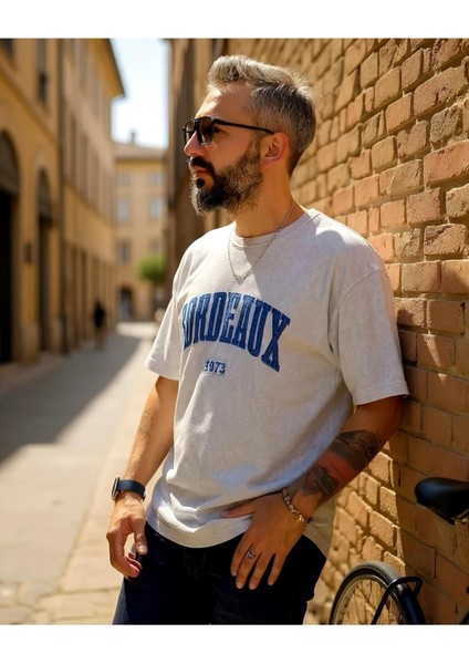 Bordeaux Nakışlı Yıkamalı Oversize Erkek Tişört