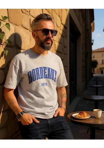 Bordeaux Nakışlı Yıkamalı Oversize Erkek Tişört