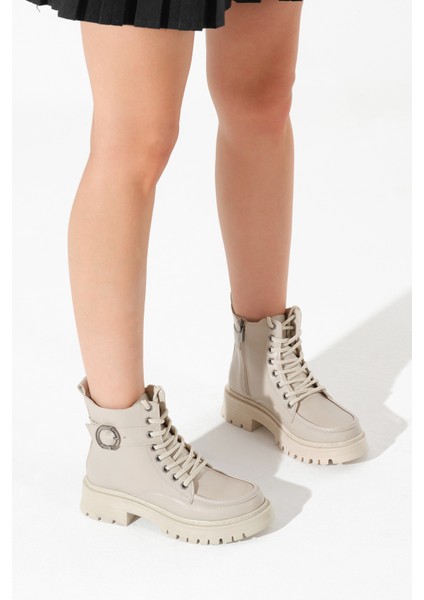 Kadın Bej Kalın Termo Taban Yuvarlak Tokalı Bağcıklı ve Fermuarlı Bot