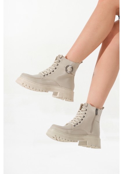 Kadın Bej Kalın Termo Taban Yuvarlak Tokalı Bağcıklı ve Fermuarlı Bot fiyatları
