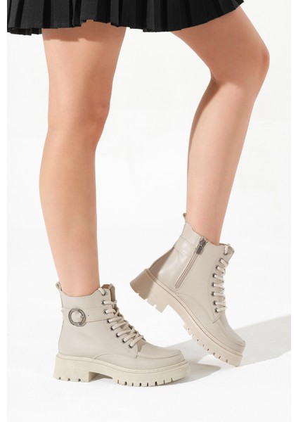 Kadın Bej Kalın Termo Taban Yuvarlak Tokalı Bağcıklı ve Fermuarlı Bot modelleri