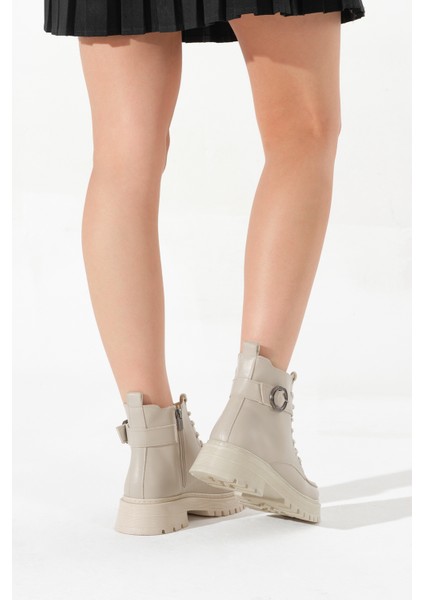 Kadın Bej Kalın Termo Taban Yuvarlak Tokalı Bağcıklı ve Fermuarlı Bot indirimleri