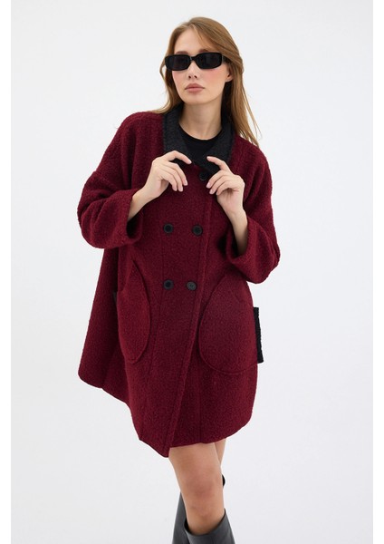 Kadın Oversize Siyah Yakalı Çift Düğmeli Teddy Kaban - Bordo