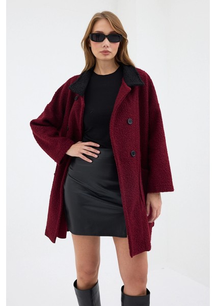 Kadın Oversize Siyah Yakalı Çift Düğmeli Teddy Kaban - Bordo modelleri