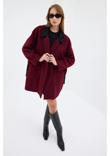 Kadın Oversize Siyah Yakalı Çift Düğmeli Teddy Kaban - Bordo indirimleri