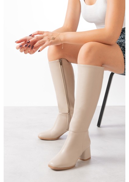 Oleda Bej Deri Topuklu (6 Cm) Yanı Fermuarlı Günlük Kullanım Çizme