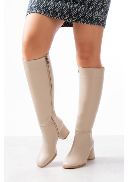 Oleda Bej Deri Topuklu (6 Cm) Yanı Fermuarlı Günlük Kullanım Çizme modelleri