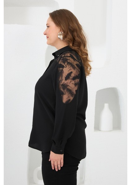 Omuzlar Dantelli Büyük Beden Gömlek Siyah fiyatları