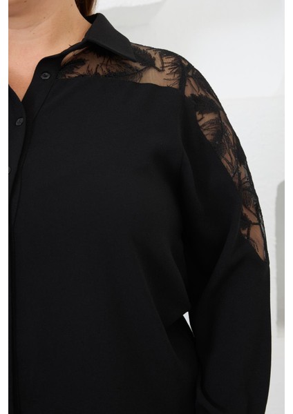 Omuzlar Dantelli Büyük Beden Gömlek Siyah modelleri