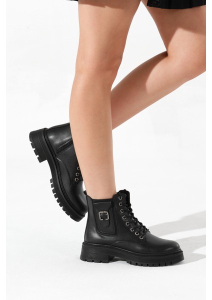 Kadın Siyah Kalın Termo Taban Tokalı Bağcıklı ve Fermuarlı Bot fırsatları