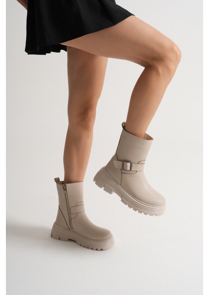 Kadın Bej Kalın Eva Taban Kemer Toka Detaylı Fermuarlı Bot
