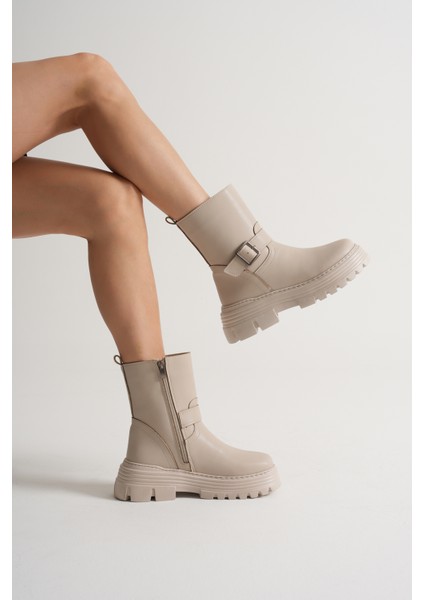 Kadın Bej Kalın Eva Taban Kemer Toka Detaylı Fermuarlı Bot modelleri