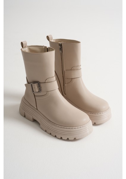 Kadın Bej Kalın Eva Taban Kemer Toka Detaylı Fermuarlı Bot fırsatları