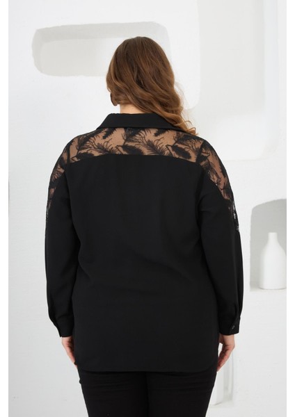Omuzlar Dantelli Büyük Beden Gömlek Siyah fırsatları