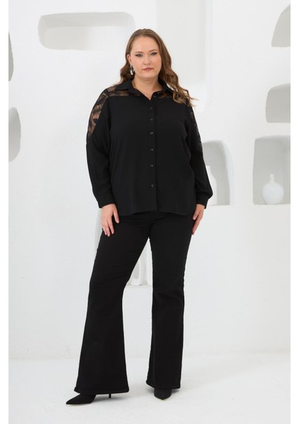 Omuzlar Dantelli Büyük Beden Gömlek Siyah indirimleri