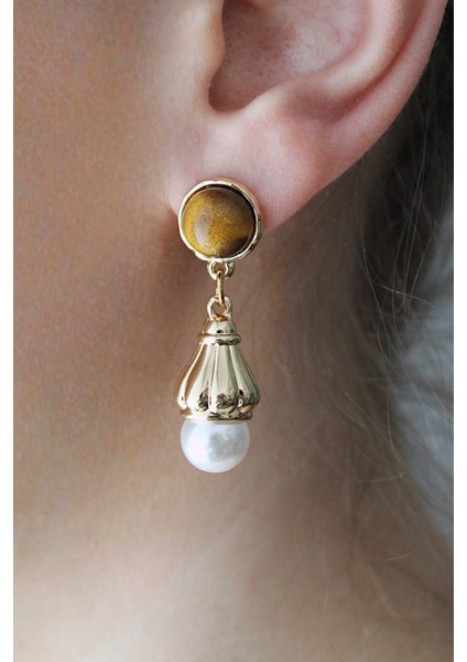 İnci Detaylı Kedi Gözü Sallantılı Küpe