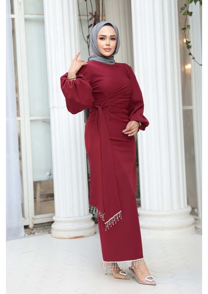 Balon Kol Bordo Tesettür Abiye Elbise 62251BR